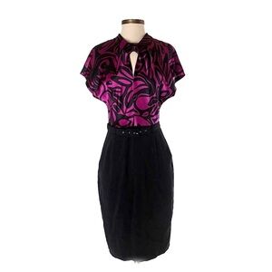 Trina Turk 100% Silk Black & Magenta Belted Midi Dress Sz S